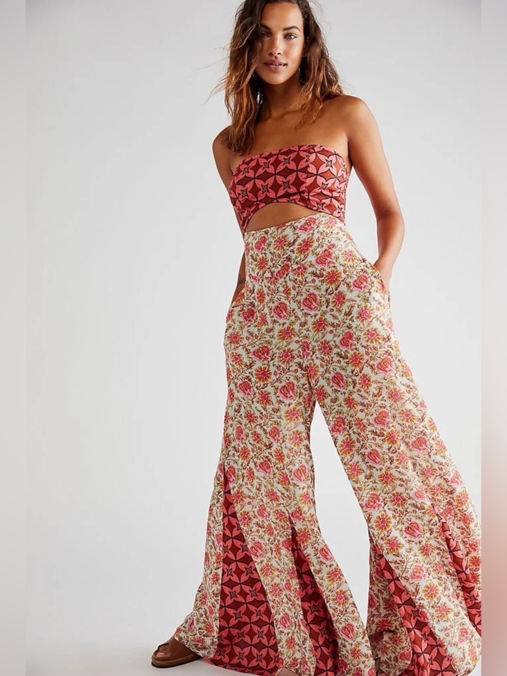 Free People Floral Wide-Leg Strapless Jumpsuit in Pink and Cream